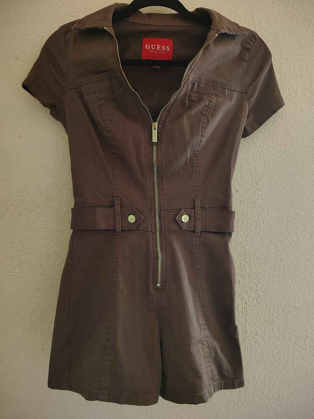 GUESS Brown Short Sleeve Zip-Up Utility Romper Belted Women's XS